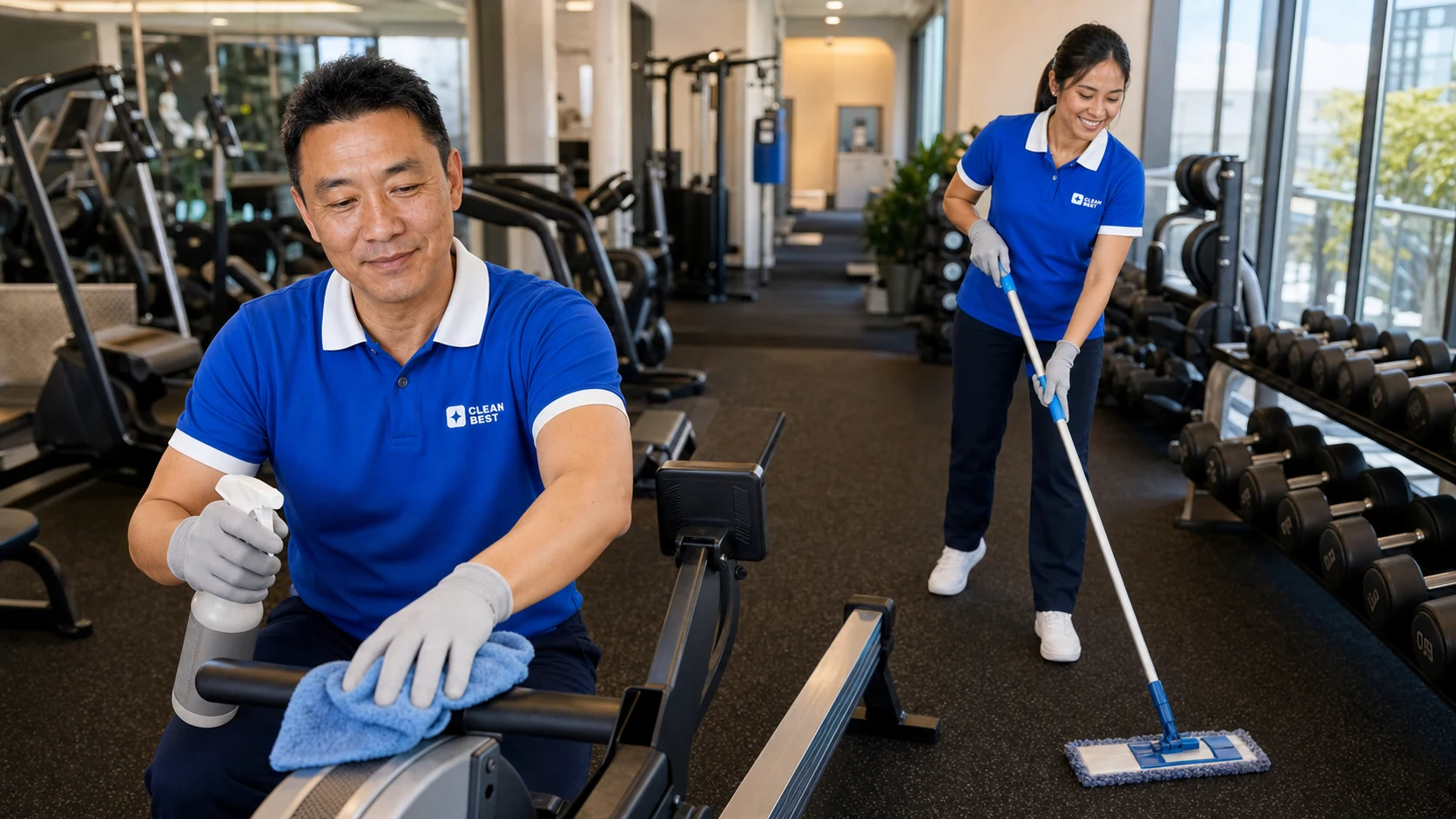 Clean Best cleaner sanitising gym equipment before opening during an early morning gym clean in Parramatta NSW