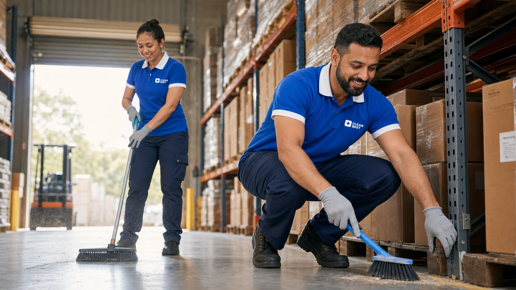 Clean Best operator running a ride-on floor scrubber down a warehouse aisle during a warehouse clean near Parramatta NSW